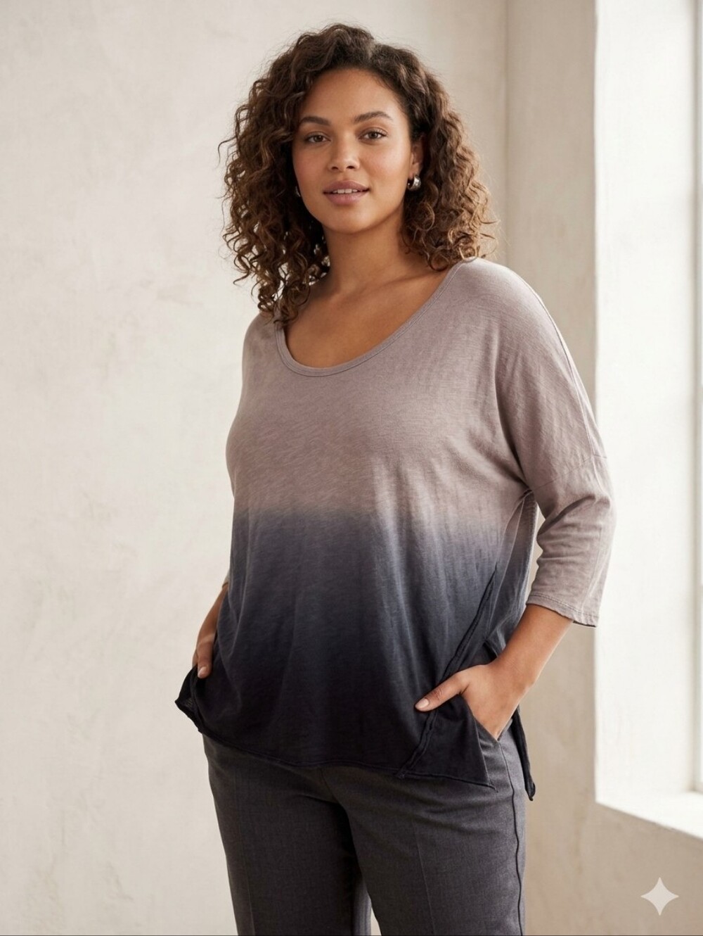 We The Free Ombre Scoop Neck Long Sleeve Top — Taupe to Black